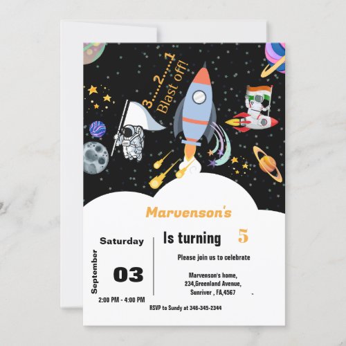 Outer space  astronaut boy birthday  invitation
