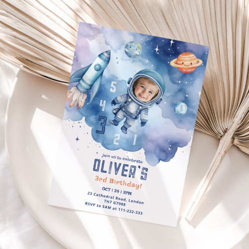 Outer Space Astronaut countdown 3rd birthday Photo Invitation