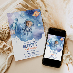 Outer Space Astronaut countdown 4th birthday Photo Invitation