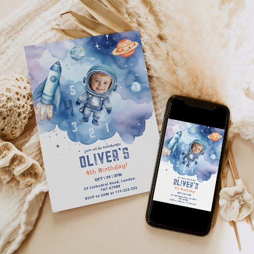 Outer Space Astronaut countdown 4th birthday Photo Invitation