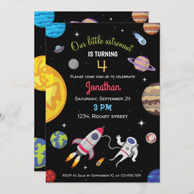 Outer space astronaut galaxy planets birthday   invitation (Front/Back)