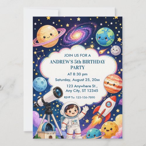 Outer Space Astronaut Kids Birthday Party Invitation
