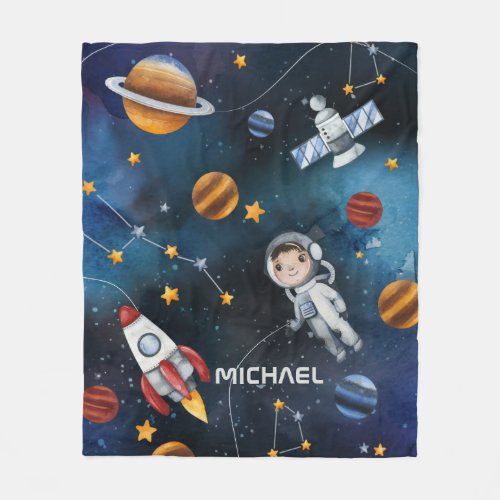 Outer Space Astronaut Moon Stars Personalized Fleece Blanket