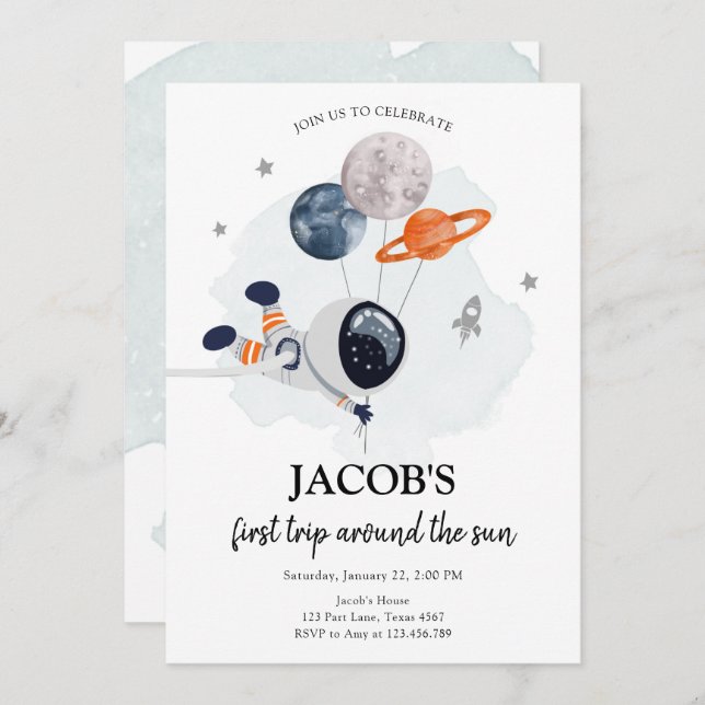 Outer Space Astronaut Orange Boy First Birthday In Invitation (Front/Back)