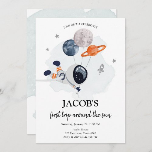 Outer Space Astronaut Orange Boy First Birthday In Invitation