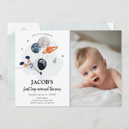 Outer Space Astronaut Orange Boy First Birthday In Invitation