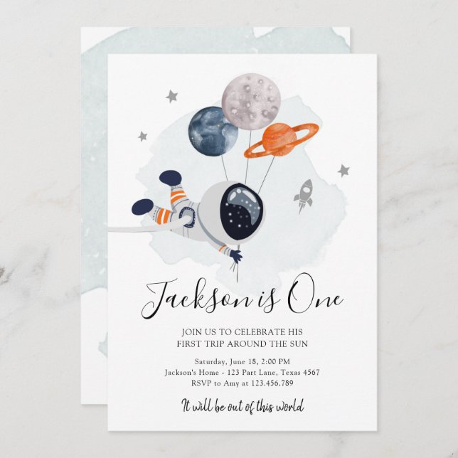 Outer Space Astronaut Orange Boy First Birthday Invitation (Front/Back)