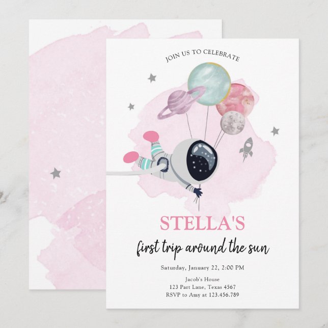 Outer Space Astronaut Orange Girl First Birthday Invitation (Front/Back)
