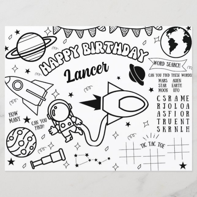 Outer Space Astronaut Party Coloring Activity Page (Front)