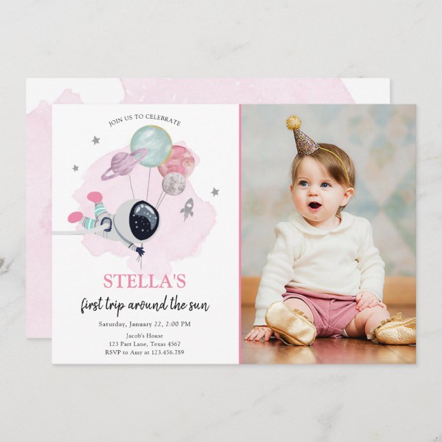 Outer Space Astronaut Pink Girl First Birthday Invitation (Front/Back)