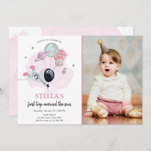 Outer Space Astronaut Pink Girl First Birthday Invitation