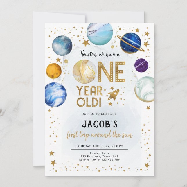 Outer Space Astronaut Planet Galaxy 1st Birthday Invitation (Front)