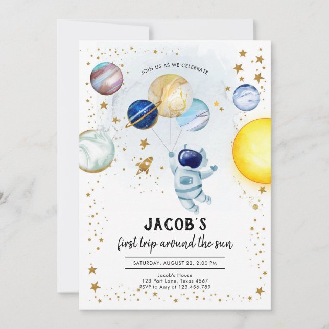 Outer Space Astronaut Planet Galaxy 1st Birthday Invitation (Front)