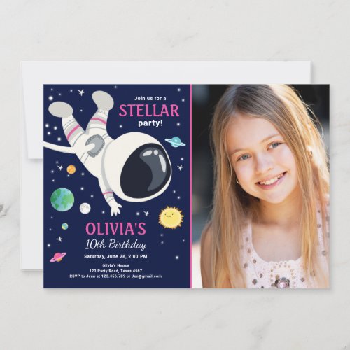 Outer Space Astronaut Planets Galaxy Girl Birthday Invitation