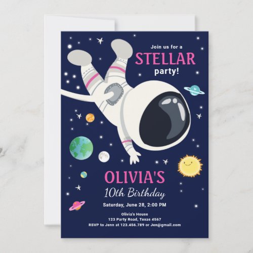 Outer Space Astronaut Planets Galaxy Girl Birthday Invitation