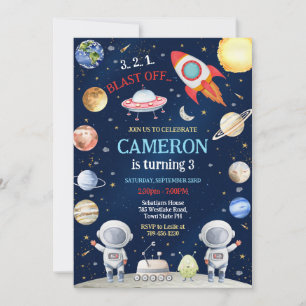 Outer Space Astronaut Rocket Blast Off Birthday Invitation