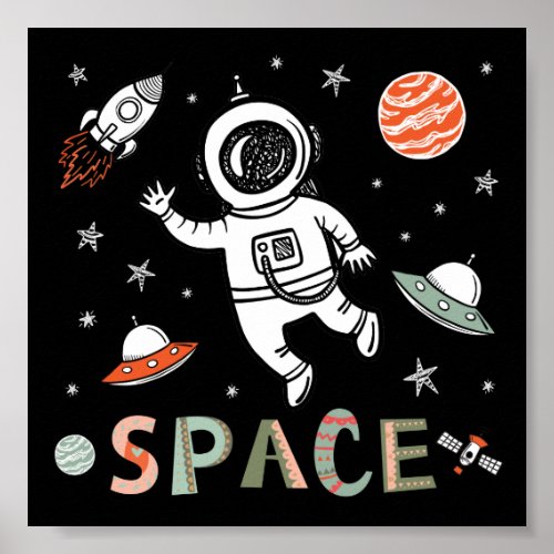 Outer Space Astronaut rocket ship planets Poster