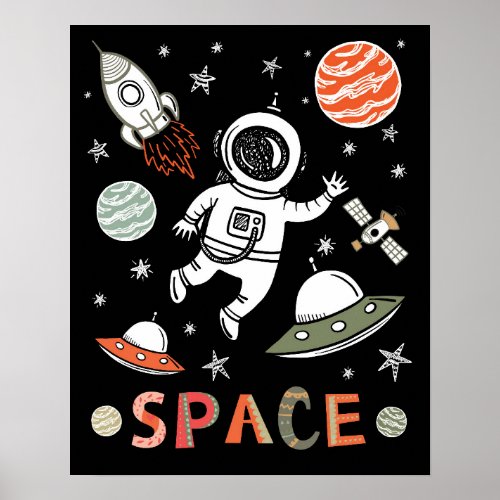 Outer Space Astronaut rocket ship planets Poster