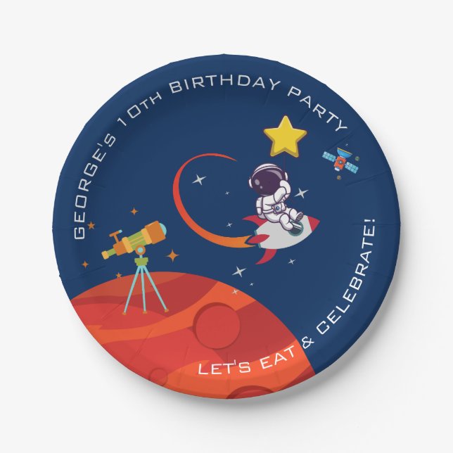 Outer Space Astronaut Rocketship Kids Birthday Paper Plates (Front)