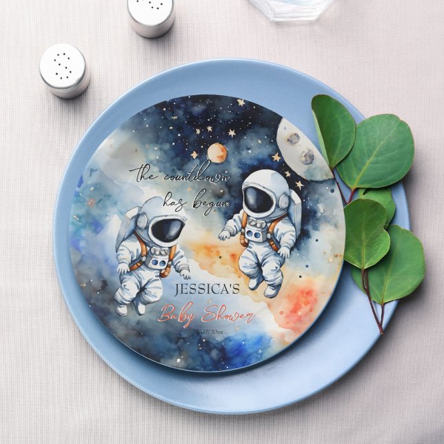 Outer space astronaut twins baby shower paper plates (Outer space astronaut twins baby shower monogrammed customized paper plates personalized table decor)