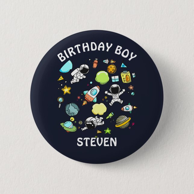 Outer Space Astronauts & Rockets Pattern Birthday Button (Front)
