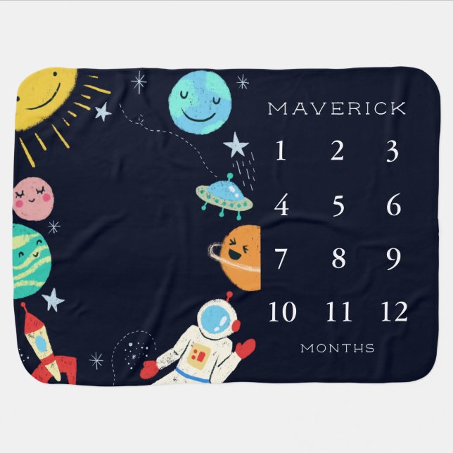 Outer Space Baby Boy Monthly Milestone Baby Blanket (Horizontal)