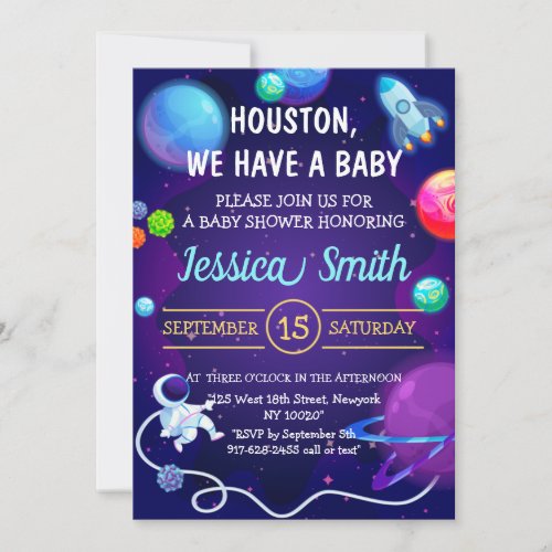 Outer Space Baby Shower Blue Astronaut Planet Invitation