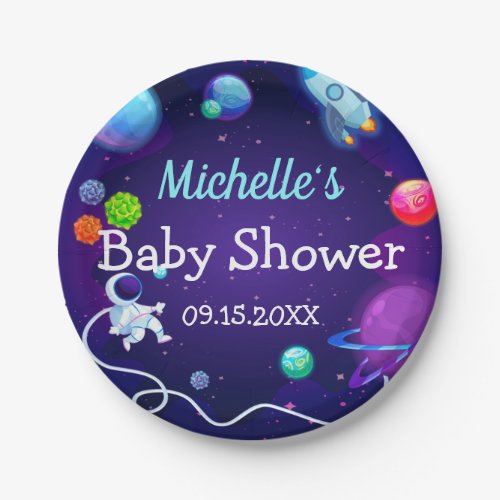 Outer Space Baby Shower Blue Astronaut Planet Paper Plates