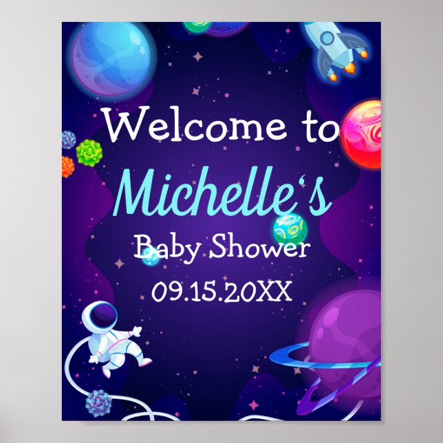Outer Space Baby Shower Blue Astronaut Planet Poster (Front)