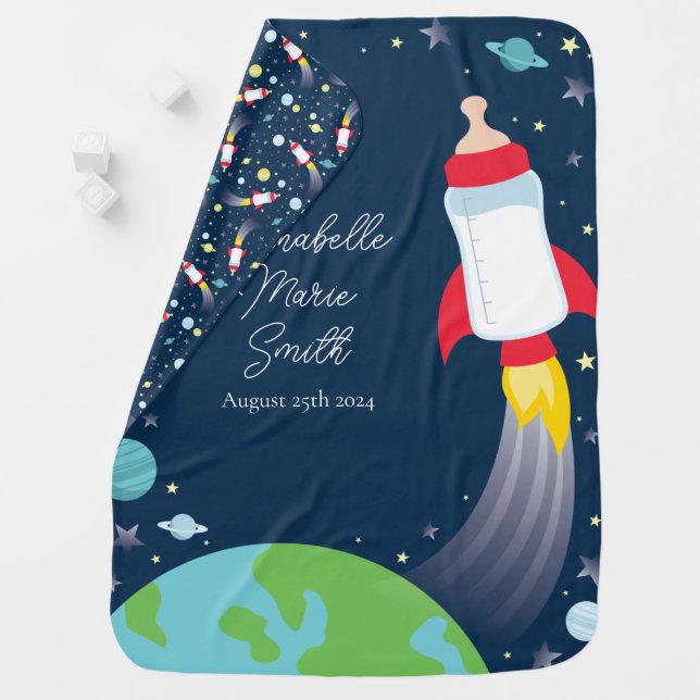 Outer Space Baby Shower Bottle Rocket Spaceship Baby Blanket (In Situ)