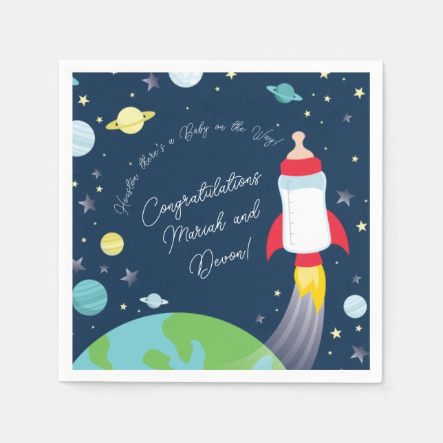 Outer Space Baby Shower Bottle Rocket Spaceship Napkins (Front)
