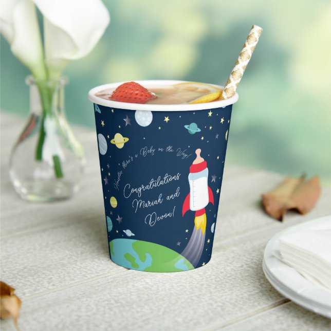 Outer Space Baby Shower Bottle Rocket Spaceship Paper Cups (Insitu)