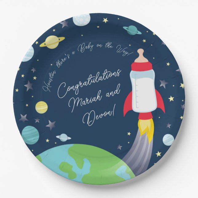 Outer Space Baby Shower Bottle Rocket Spaceship Paper Plates (Front)