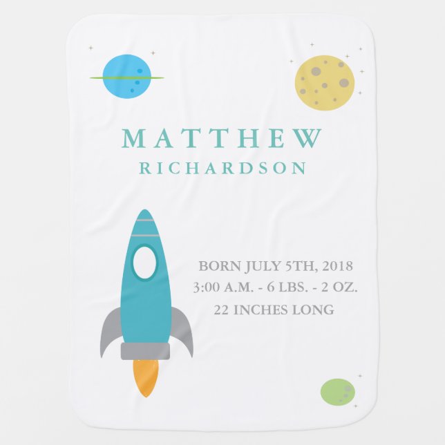 Outer Space Birth Announcement Baby Blanket (Front)
