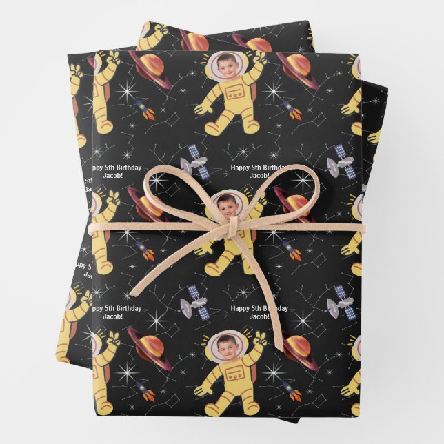 Outer Space Birthday Astronaut Name Age Photo Wrapping Paper Sheets (In situ)