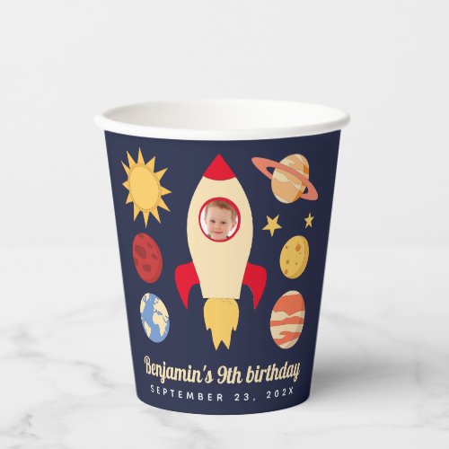 Outer Space Birthday Boy Photo Rocket Planets Blue Paper Cups