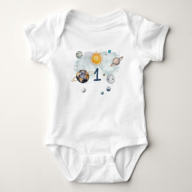 Outer Space Birthday Galaxy Sun Moon Stars Planets Baby Bodysuit (Front)