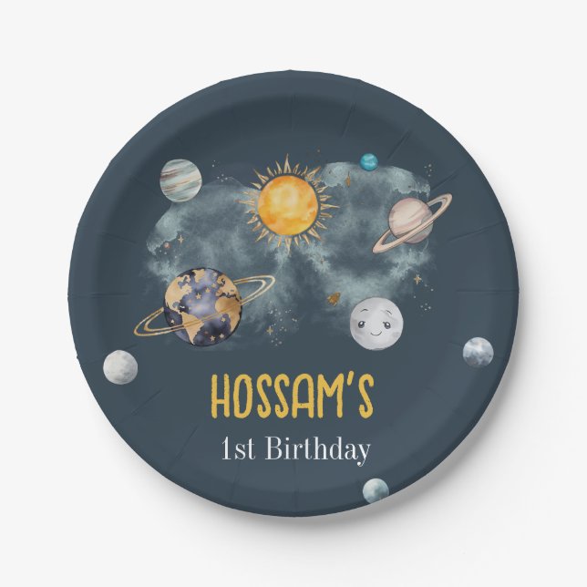 Outer Space Birthday Galaxy Sun Moon Stars Planets Paper Plates (Front)