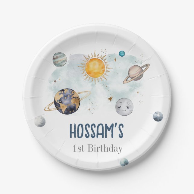 Outer Space Birthday Galaxy Sun Moon Stars Planets Paper Plates (Front)