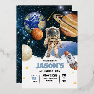 Outer Space Birthday Invitation, Astronaut Galaxy Foil Invitation