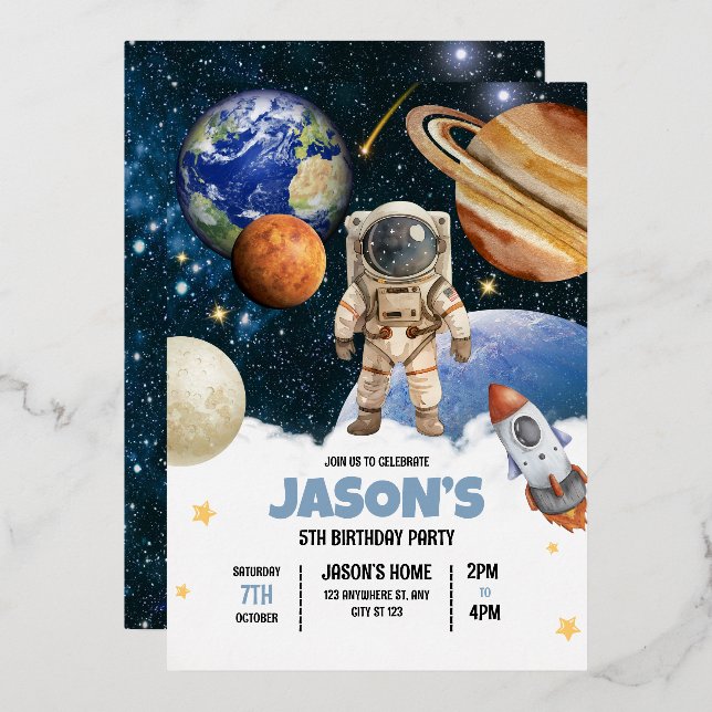 Outer Space Birthday Invitation, Astronaut Galaxy Foil Invitation (Front/Back)