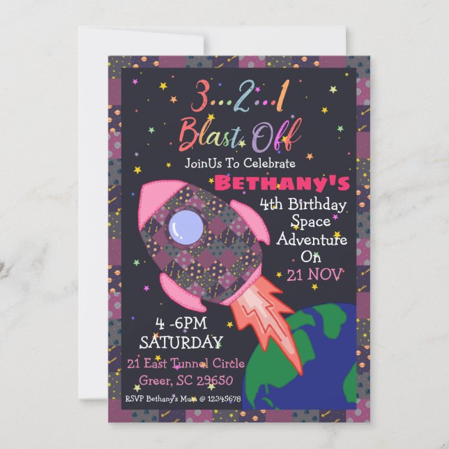 Outer Space Birthday Invitation For Girl (Front)