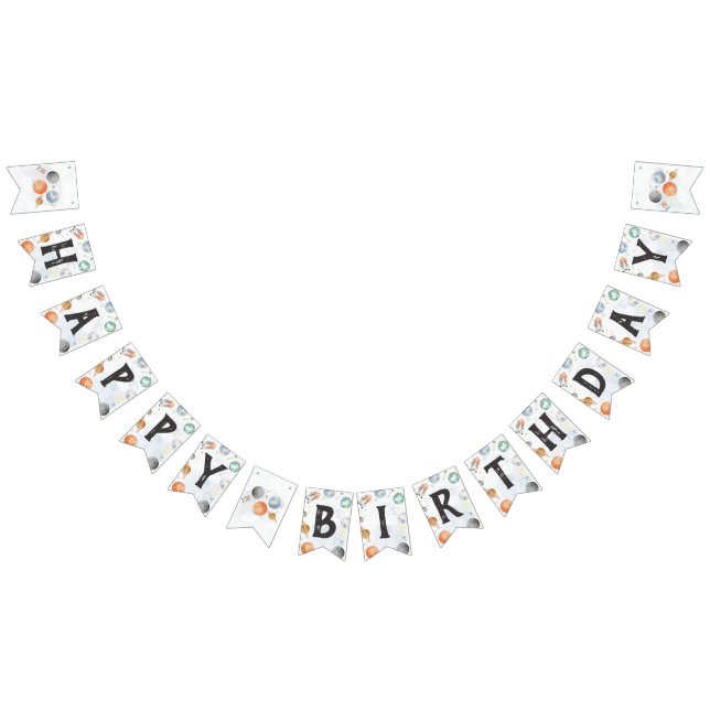 Outer Space Birthday Invitation, Planets Galaxy In Bunting Flags (All)