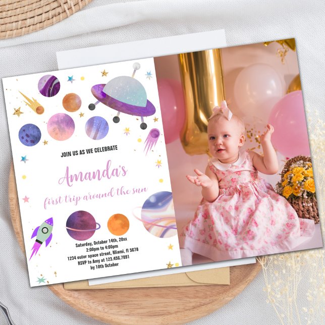 Outer Space Birthday Invitation with Photo (Purple Outer Space Birthday Invitations with photo)