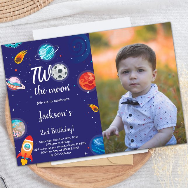 Outer Space Birthday Invitation with Photo (Two the moon Outer space Birthday photo Invitation)