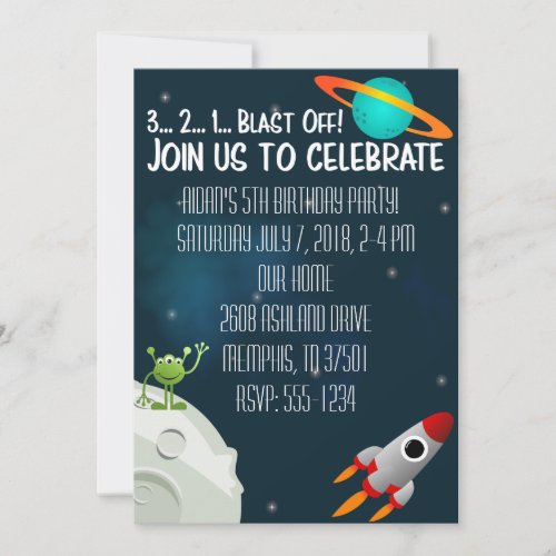 Outer Space Birthday Invite Spaceship Alien Planet