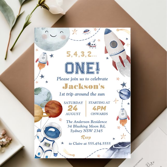 Outer Space Birthday Party 1st Trip Around The Sun Invitation (Creator Uploaded)