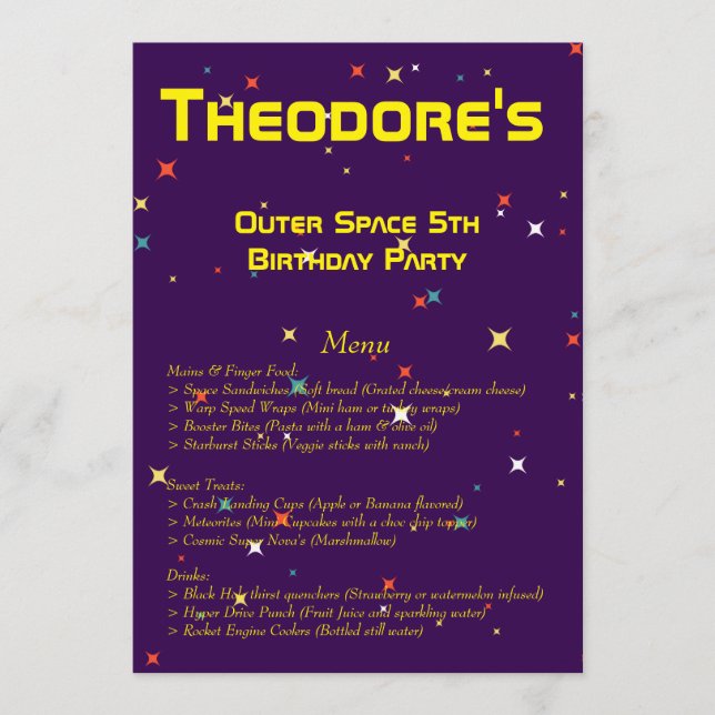 Outer Space Birthday Party Menu (Front)