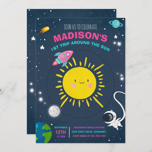 Outer Space Birthday Party Pink Astronaut Rocket Invitation (Front/Back)