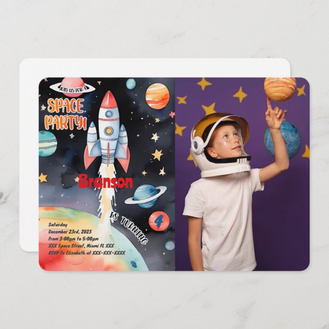Outer Space Birthday Photo Invitation (Front/Back)